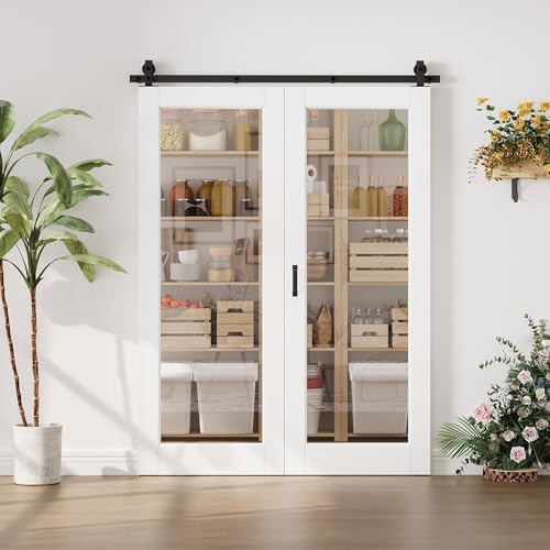 Image of 60 inchx80 inch White 1-Lite Clear Glass Bifold Barn Door Slab with 64 inch Track Kit