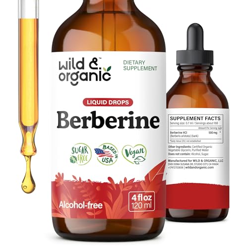 Wild & Organic Berberine Drops - Antioxidant Support - Liquid Berberine HCL 500mg - Add to Tea Supplement - Berberis Aristata Bark Extract - Pure Vegan Alcohol & Sugar-Free Tincture - 4 fl oz