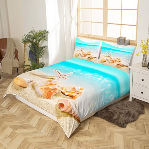 Blue Ocean Duvet Cover Set King Size,Seashell Starfish Bedding Set 3Pcs For Kids Teens Girls Room Decor, Summer Beach Comforter Cover Hawaiian Vacation Quilt Cover With 2 Pillowcases #TOP2