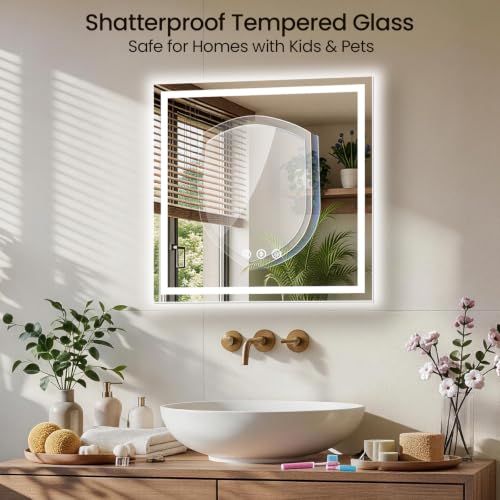 Image of 36x36 LED Bathroom Mirror with Anti-Fog, Backlit & Front Lit, Memory | Stepless Dimmable 3 Color CRI 95+ Shatterproof Tempered Glass ETL Listed for Safety Lighted Bathroom Vanity Mirror for Wall
