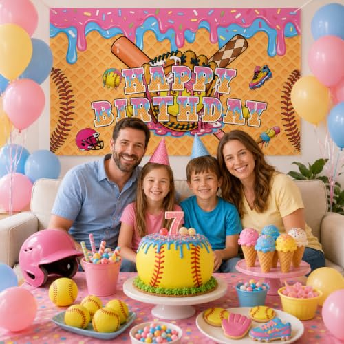 Ice Cream Drip Softball Party Backdrop Sports Happy Birthday Party Decor by Yigemoyo - Used condition - Image 5