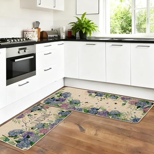 Baccessor Spring Summer Kitchen Mats Set of 2, Hydrangea Floral Bee Kitchen Rugs for Floor Non Slip Absorbent Low-Profile Seasonal Farmhouse Home Decor 17x29 and 17x47 Inch — view 2