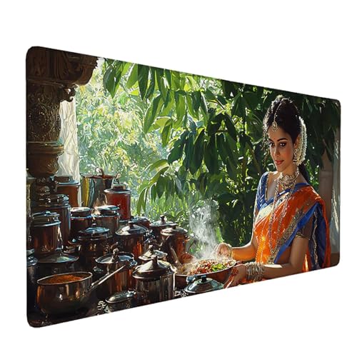 Tapis de Souris Gaming XXL Tapis Souris 60 x 30 cm, Grand Mouse Pad Bureau sous Main avec Base en Caoutchouc Antidérapante, Accessoire Gaming, pour Gamer,Personnel Bureau (Cuisine indienne femme) c135 – vue 2
