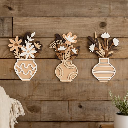 AceOrbit 3 Pcs 3D Wooden Flowers Wall Art Rustic Farmhouse