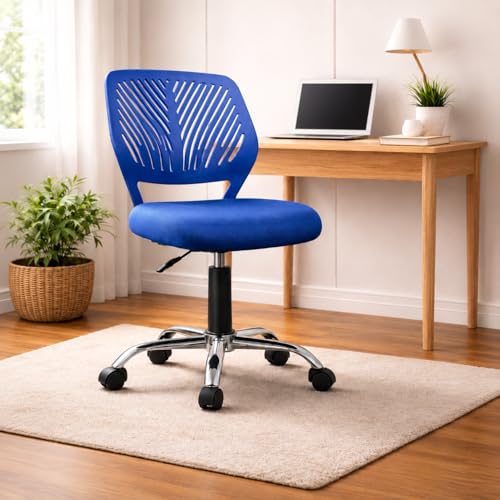 Image of Modern Ergonomic Office Chair, Adjustable Height, Chrome Base, Mesh Back Design, Rolling Wheels, Task Seating (Blue)