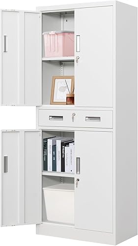 Miniatura 19 de Armario de almacenamiento de metal con puertas con cerradura y 2 estantes ajustables, gabinetes de metal de 71 pulgadas de alto, armarios de garaje,