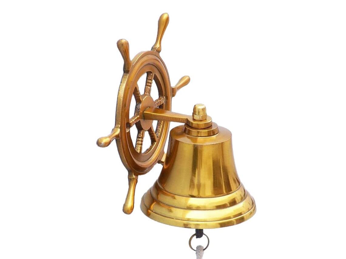 A N H Handmade Shiny Brass Plated Hanging Ship Wheel Bell Antique Wall Door Bell