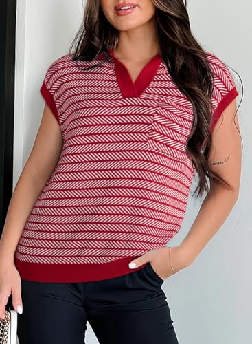 Dokotoo Women's Summer Short Cap Sleeve Sweaters Tops Casual Striped Color Block V Neck Polo Knit Shirts Blouses2