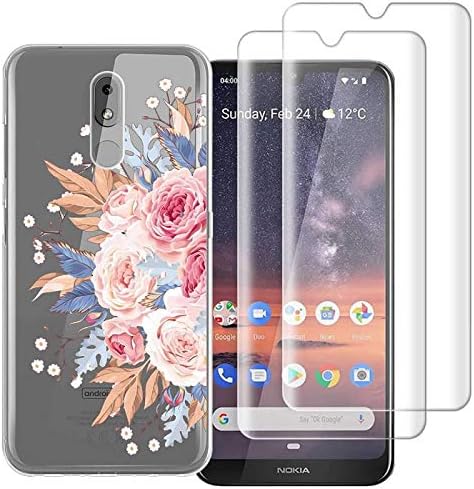 (3 in 1) for Nokia 3.2 Case/Nokia 3V Case + 2 Pack Glass Screen Protector Slim Clear Soft TPU Silicone Phone Case Cover with (Flower) for Nokia 3.2 Case/Nokia 3V Case