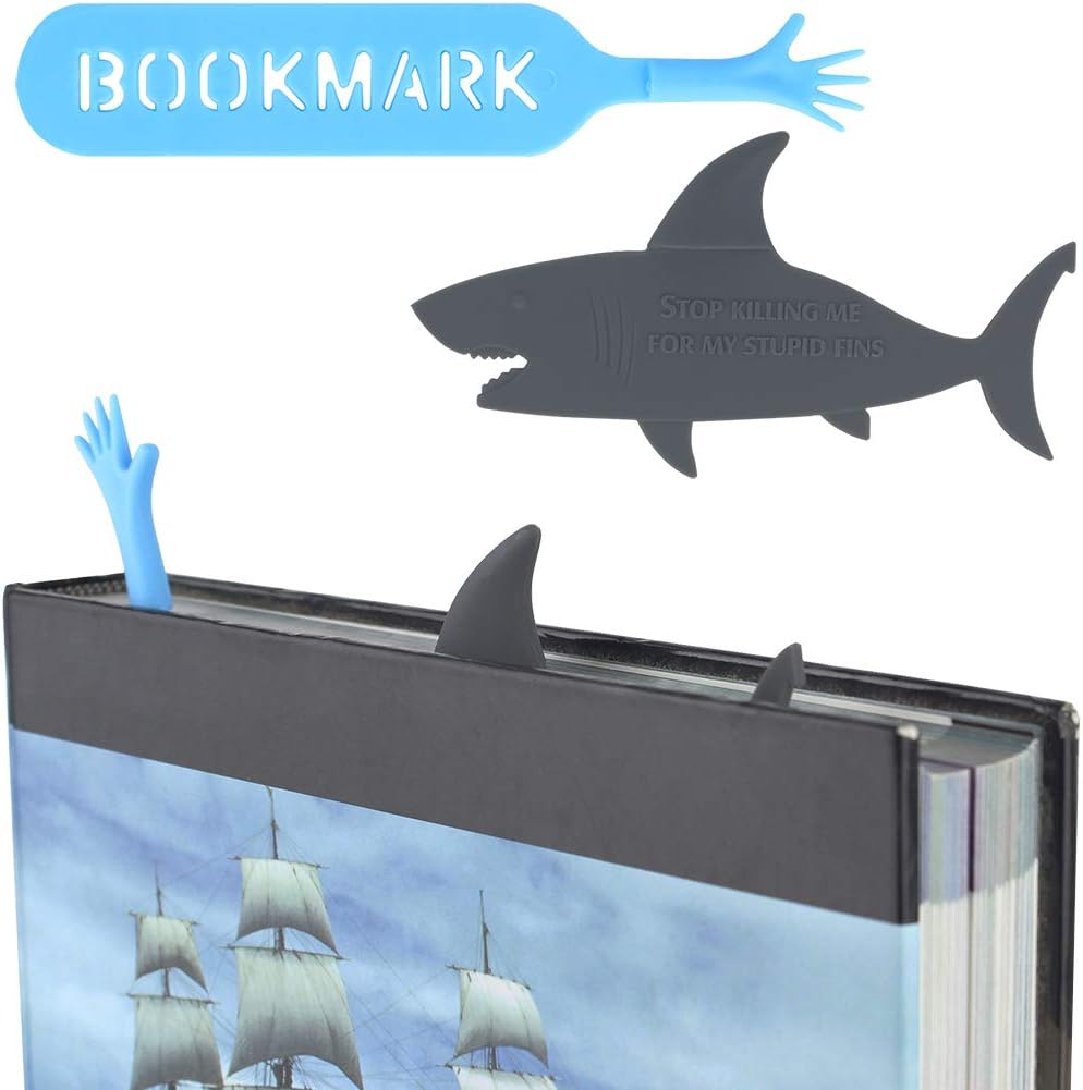 3D Funny Design Bookmark, Unique Cool Shark Bookmark Combine Hand Sinking Help Bookmark, Pack of 1 Shark Bookmark, 1 Help ME Bookmark, 1 Blue Page Holder, 12 Paper Clips, Gift Ideas for Shark Lovers