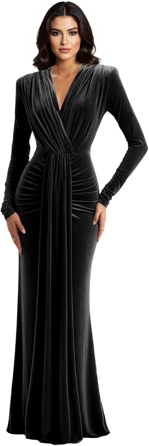 Long Sleeve Velvet Formal Dresses for Women V Neck Tie Mermaid Empire Waist Maxi Evening Prom Gowns Evening Dress
