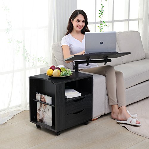 Emall Life Upgraded Multifunctional Height Adjustable Overbed End Table Wooden Nightstand With Swivel Top, Storage Drawers, Wheels And Open Shelf, 3 Colors  (Black Walnut) #TOP4