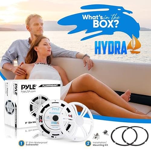 Pyle 8” Slim Marine Subwoofer - 300W 4 Ohm Waterproof Car Component Speaker System, Low Profile Pp Cone W/Rubber Edge, 30 Oz Magnet 1.5" Voice Coil, For Custom Audio Boat Truck Mobile Vehicle (White) #TOP1