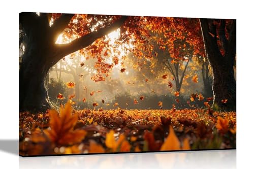 Artley Prints - Autumn Leaves Framed Canvas Pictures For Home Office Conservatory Landscape Prints Wall Decoration 51 x 35cm (20 x 14 inches)