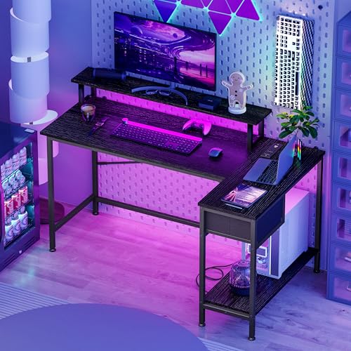 Fixwal Gaming Desk for Bedroom L Shaped Small Corner Computer Desk with Power Outlets and LED Lights, PC Desk, Home Office Desks with Drawer, Writing Desk Study Desk, Black - Image 3
