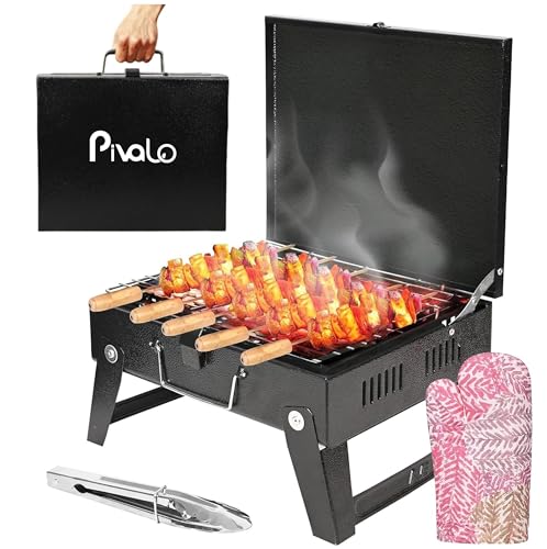 Image of Pivalo Charcoal Barbeque Grill Set | Tandoori BBQ for Home & Outdoor Use | 4 Piece Combo | 5 Skewers | 1 Tong | 1 Glove | Foldable Standing BBQ for Camping, Picnic & Travel Cooking (Pack of 1, Black)