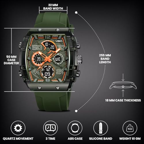 Image of V2A Impact-AXON 3103 Analog-Digital Watch for Men | Unique Tonneau Case & Multi-Layered Dial Design | Bold Fashion Performance Watch with 3 Time Zones, Countdown, 50M Water Resistance & Backlight