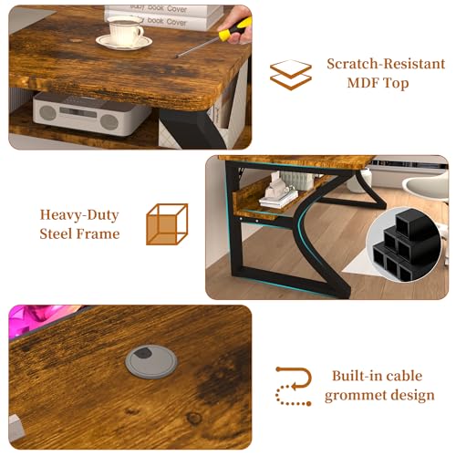 55 inch Computer Desk, Office Desk w/Storage Shelf & Cable Management, Work Table w/Sturdy U-Shaped Metal Frame & Deeper Desktop, Study Writing Desk for Home Office Bedroom (Brown, 55inch) - Image 6