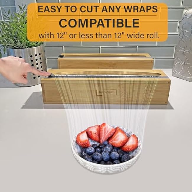 Wrap Organizer Dispenser with Cutter, (2 Piece Set), Fits 12 Rolls, Plastic Wrap, Aluminum Foil, Wax Paper, Saran Wrap, Cling Wrap Holder for Kitchen Storage, Mountable, Bamboo