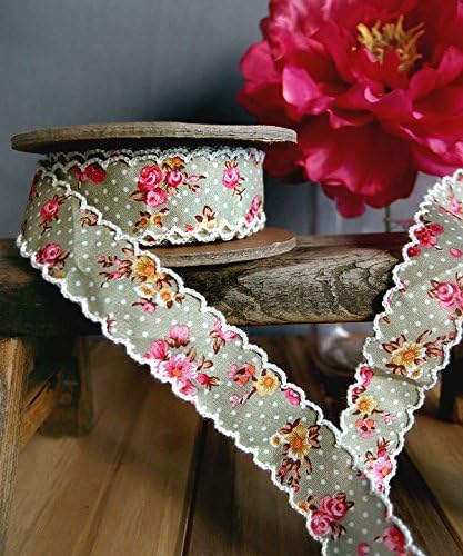 PoshNPretty 1" Vintage Floral Ribbon with Scalloped Edge - 10 Yards- Green