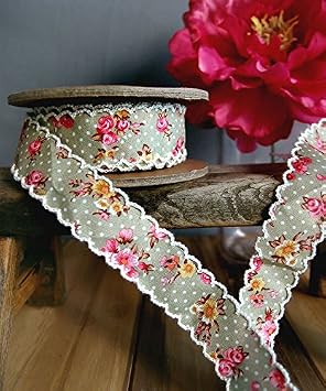 PoshNPretty 1" Vintage Floral Ribbon with Scalloped Edge - 10 Yards- Green