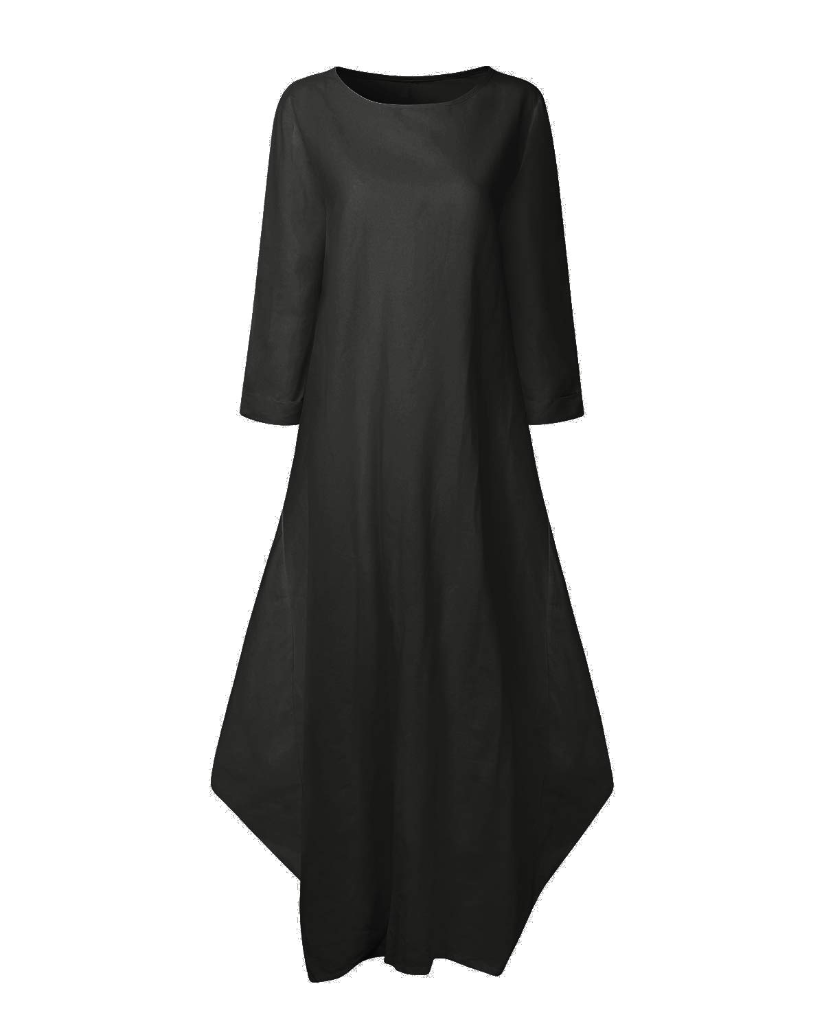 Jacansi Women Casual Party Oversize Cotton Linen Asymmetric Hem Swing Maxi Dress (04-Black, M)