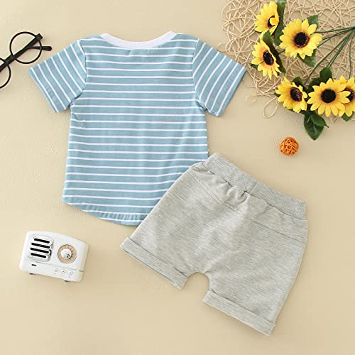 Conjunto de 2 peças para meninos com estampa listrada de manga curta para meninos, Azul, 2-3 Anos