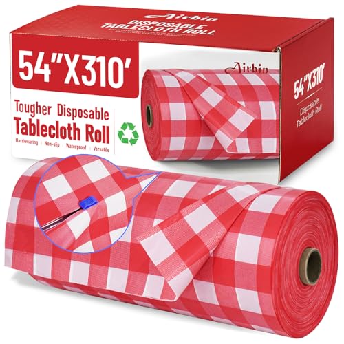 Image of Plastic Table Cloth, 310 Ft X 54 In Disposable Tablecloth Red and White Checkered Tablecloth with Any Cut Sliding Cutters Premium PEVA Plastic Table Cloth Disposable for Picnic, Parties, Festivals
