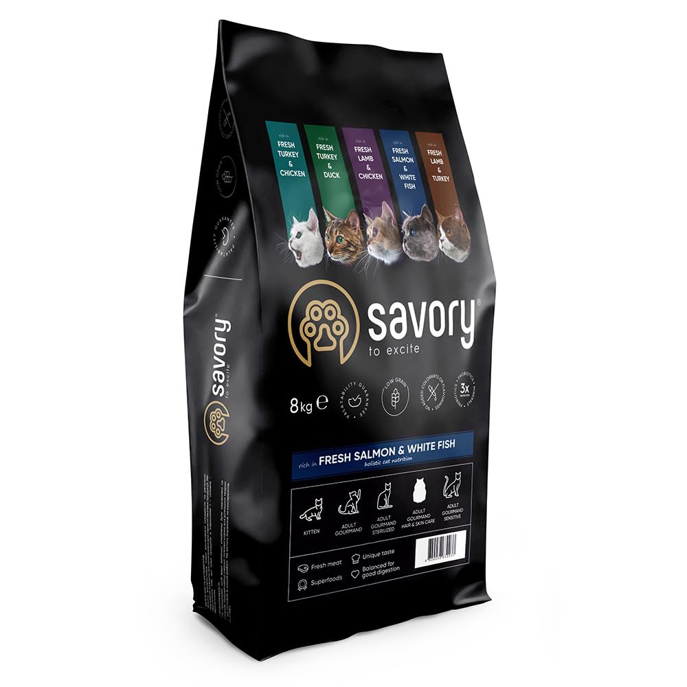 SAVORY Adult Cat Gourmand Fresh - Holistyczna sucha karma dla kotów - Mix prebiotyków, probiotyków i minerałów – Zdrowa karma sucha – Łosoś i biała ryba - 8 kg