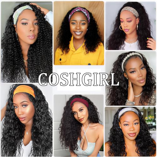 Image of Deep Wave Headband Wig Human Hair Curly Headband Half Wigs Machine Made Glueless None Lace Front Wig Brazilian Virgin Human Hair for Black Women Natural Color 150% Density 24Inch