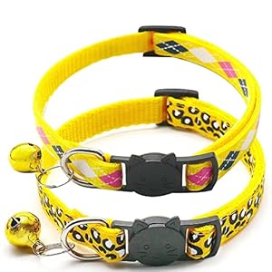 Breakaway Cat Collar with Bell, Soft Nylon Kitten Collar for Kitty Puppy Small Dog Necklace Pet Collar Adjustable Length 7 1/2-12 1/2 in (2 Pack) (Yellow)