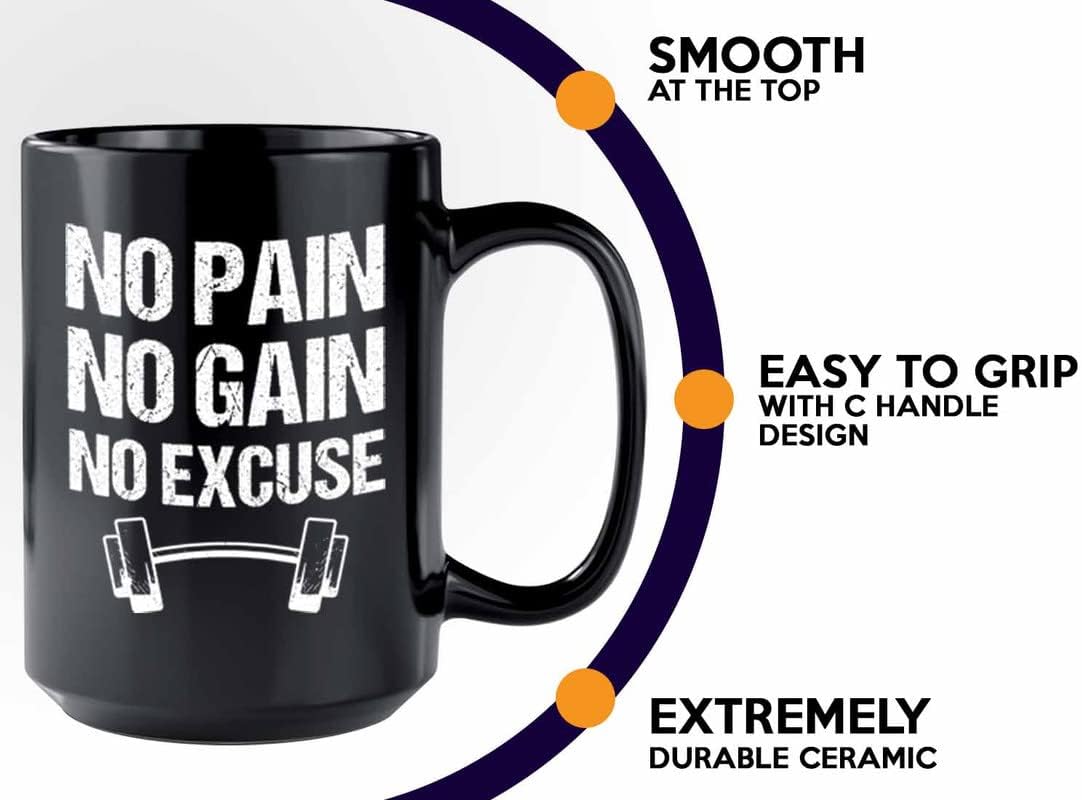 Bubble Hugs Personal Trainer Coffee Mug 15oz Black - No pain no gain no excuse - Fitness Instructor, Workout Coach, Exercise Lover, Cardio Lover, Gym Coach