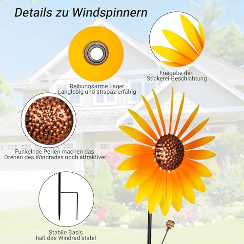 pearlstar Sonnenblume Windrad Metall, 2er-Pack Windspiel Garten Mit Metallpfahl, 94cmx25cm Windspinner Gartendeko Für Draußen Balkon Terrasse Rasen
