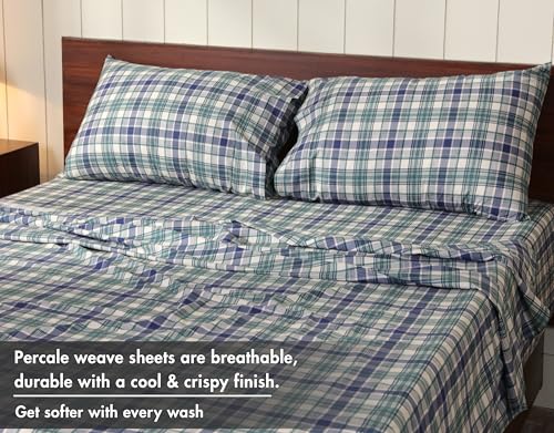 Image of RUVANTI 100% Cotton Percale Sheets Twin Size, Greenish Blue Plaid | Crisp Cooling, Deep Pocket 16 inch, Soft Breathable & Durable, Hotel-Style, 3 Piece Set