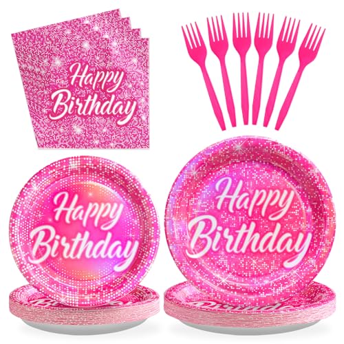 96Pcs Hot Pink Birthday Party Supplies Disco Rainbow Pastel Holographic Plates and Napkins Tableware Sets Hot Pink Iridescent Decoration Favors for Girls Princess Mermaid Disco Themed Party Serves 24