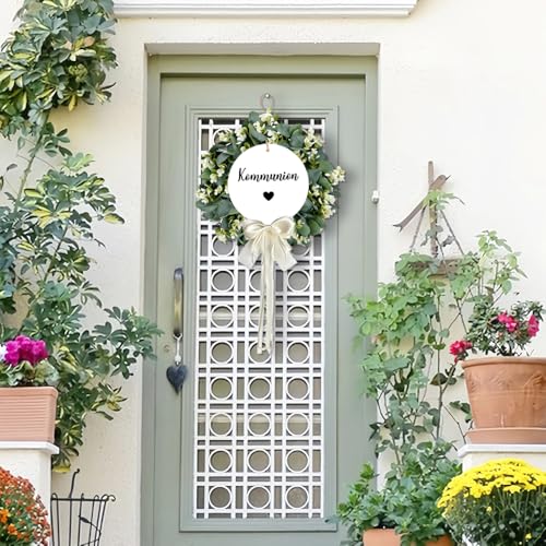 Türkranz Kommunion,Kommunion Dekoration,Konfirmation Kranz,Künstlicher Eukalyptus Kranz,mit Holzschild und weißer Schleife für die Festliche Dekoration zur Kommunions und Konfirmation,Ø 40 cm