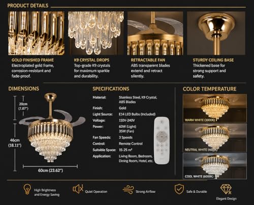 Image of Elegant Chandelier Ceiling Light for Living Room Hanging Pendant Light | Italian K9 Crystals | Metal Frame | Adjustable LED Light (Warm, Cool, Natural White) (Fan Chandelier-AD-600MM-Gold)