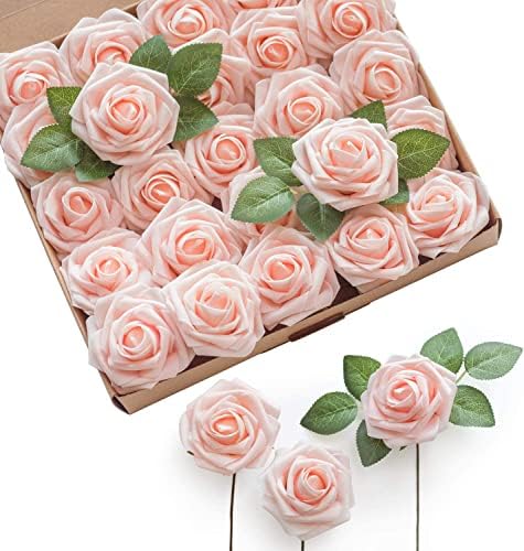 HYUZO Artificial Flowers 25pcs Real Looking Blush Foam Fake Roses with Stems for DIY Wedding Bouquets Pink Bridal Shower Centerpieces Party Decorations