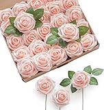 HYUZO Artificial Flowers 25pcs Real Looking Blush Foam Fake Roses with Stems for DIY Wedding Bouquet