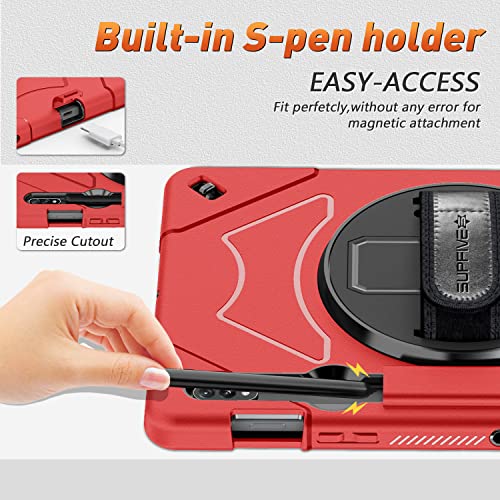 Supfives Case For Samsung Galaxy Tab S8 11 Inch 2022 : Tablet S7 2020 Cover Military Grade Heavy Duty Tpu Protector With S-Pen Holder + Handle + Shoulder Strap + Rotating Kickstand,Red #TOP3