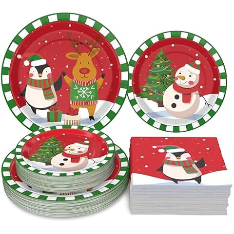 Homlouue 200PCS Christmas Paper Plates and Napkins, Cute Cartoon Penguin Reindeer Snowman Christmas Disposable Dinnerware Set, Red Holiday Party Plate for Christmas Xmas New Year Party Decor Serves 50 Cover