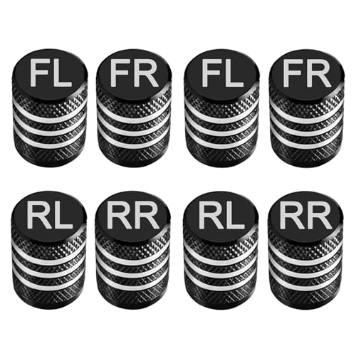 Pitlane Performance® Tire Valve Stem Caps (8 Pack) Aluminum Premium Schrader Valve Covers with Seal, Corrosion Resistant Durable Protection Cars, SUVs, Motorcycles, Bicycles (Labeled FR FL RR RL)