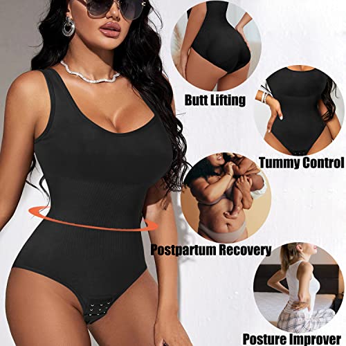 Fitever Women Shapewear Bodysuit Waist Trainer Slim Full Body Shaper Seamless Tummy Control Romper Tops Round Neck Jumpsuits,Black,M/L #TOP1