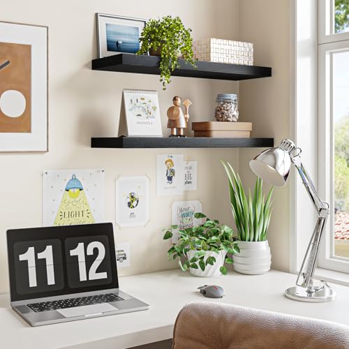 Fixwal Floating Shelves for Wall, 22" Long Wall Mounted Rustic Wood Shelves for Living Room, Bedroom, Bathroom and Kitchen, Wall Shelves for Storage, Books, Room Decor (Black, Set of 2) - Image 5