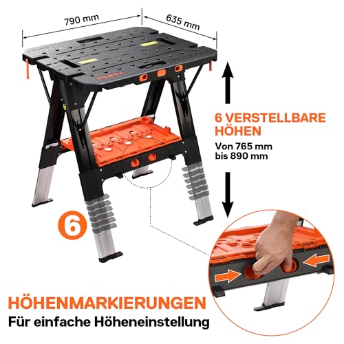Pony 2 in 1 Werkbank klappbar bis 454kg belastbar, klappbare Sägebock mit ausziehbaren Aluminiumbeinen, Arbeitsbock mit 4 Schraubzwingen 150/300mm & 4 Stöcken, 79 x 63,5 x 89 cm