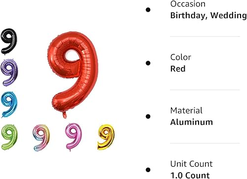 Miniatura 5 de Globo de aluminio grande de 40 pulgadas con número de helio, cumpleaños, boda, fiesta, 0-9 (rojo, 9)