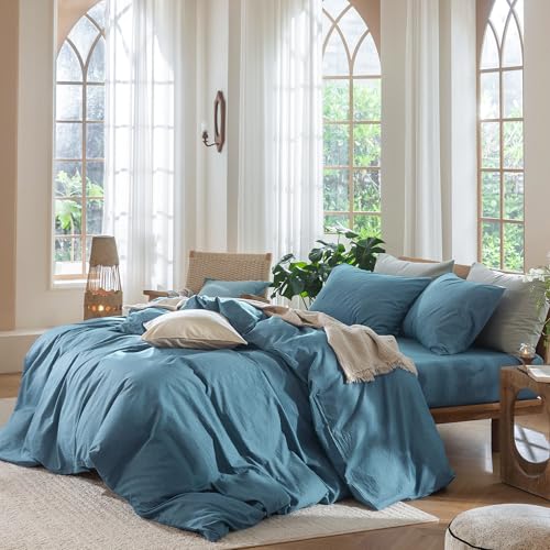 Image of MooMee Duvet Cover Set 100% Washed Cotton Linen Like Twin | Relaxed Linen-like Texture. Soft, Breathable & Long-lasting Comfort. Lightweight. Hidden Zipper with 8 Interior Corner Ties