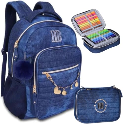 Mochila Jeans Rebecca Bonbon Com Pompom Feminina Estojo Kit 2 Pçs
