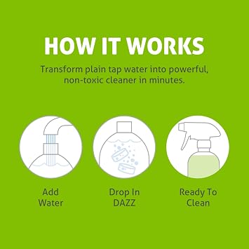 Dazz All Purpose Cleaner Starter Kit (1 Reusable Spray Bottle, 2 Refills) All Natural Multisurface Household Cleaner Spray - Eco Friendly, Non Toxic - Safe for Kids & Pets