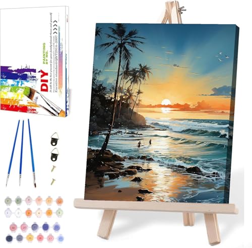 MIRCVSH Beach Paint by Number Kit, Framed Landscape for Adults, 12x16 Inch on Canvas with Wooden Easel